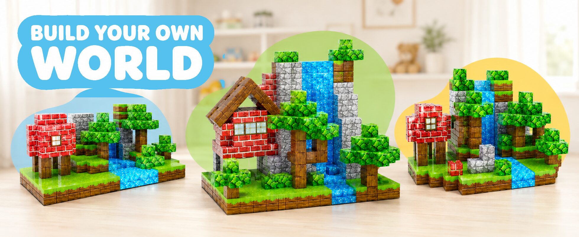 Three pixel-art builds of houses, trees and waterfalls made from GRAFLO magnetic cubes