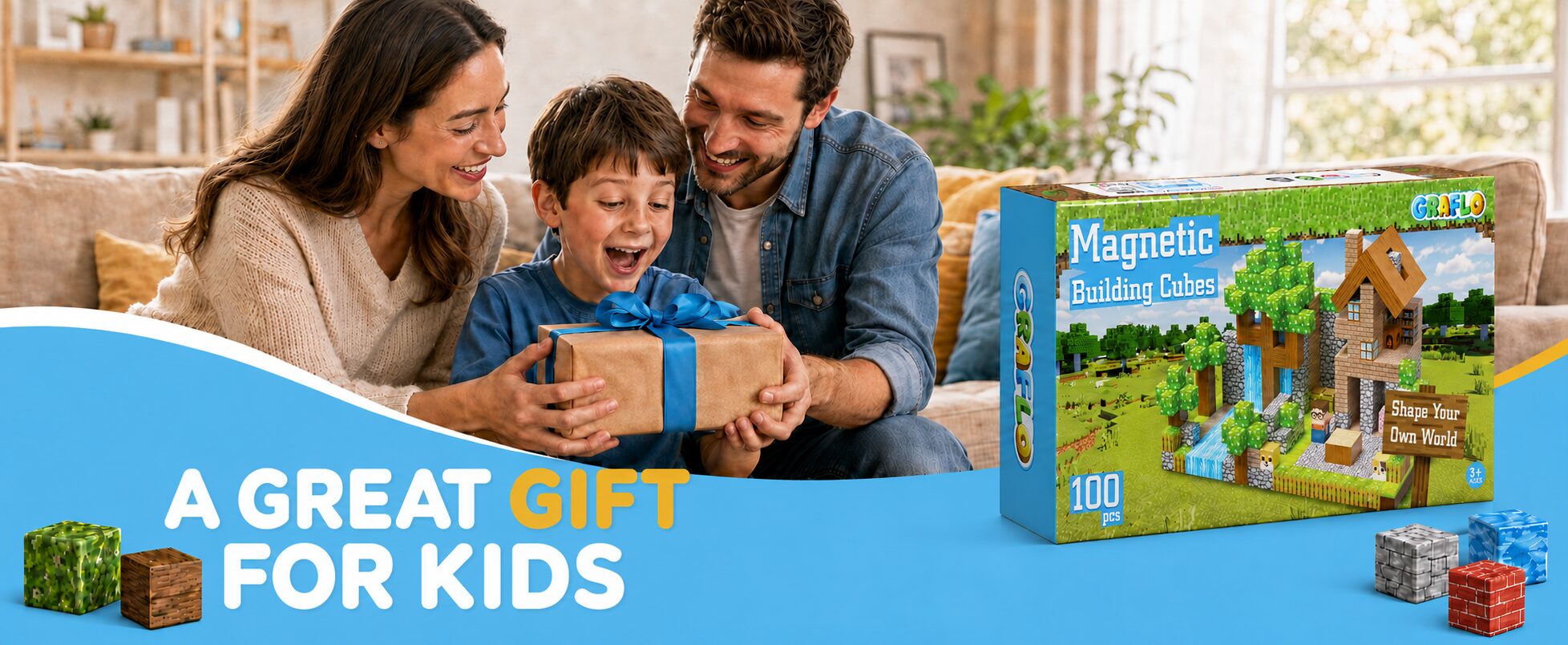 A boy opening a gift-wrapped GRAFLO magnetic cubes set with his parents, beside the 100-piece retail box