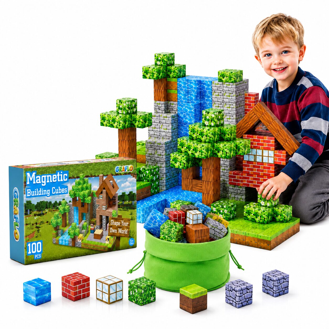 A boy building a pixel-art house and waterfall scene from GRAFLO magnetic building cubes, with the 100-piece retail box, green storage bag and loose cubes