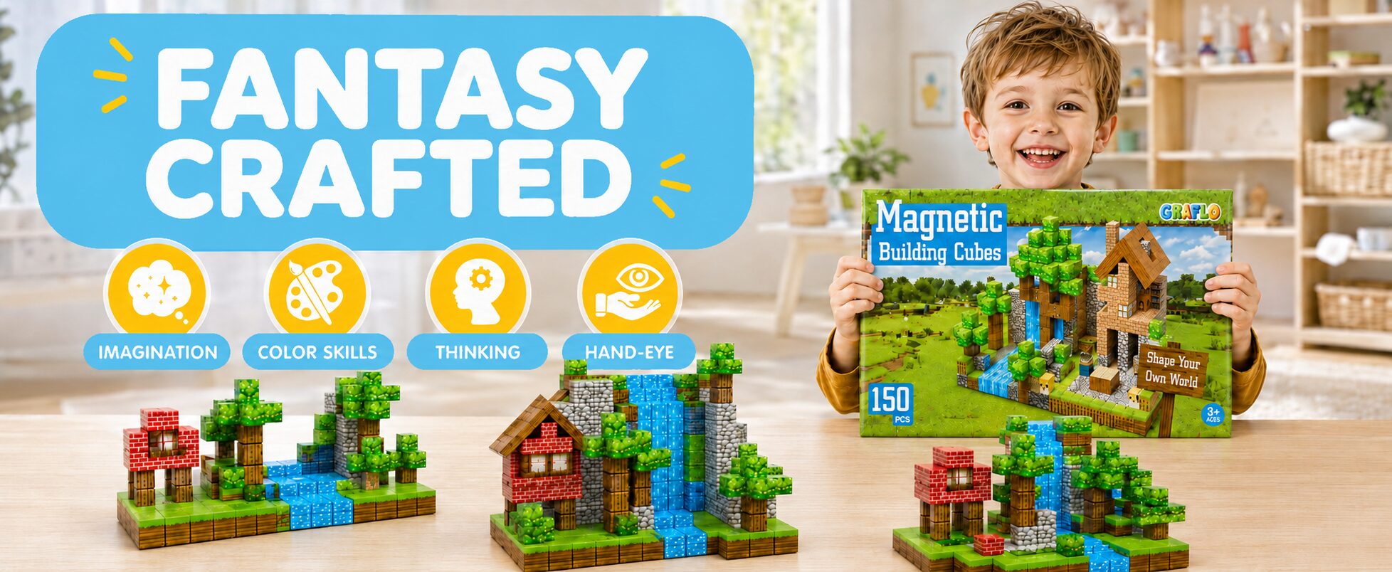 Fantasy crafted: a boy holding the GRAFLO 150 piece Magnetic Building Cubes box beside three completed cube scenes, with imagination, colour skills, thinking and hand-eye coordination