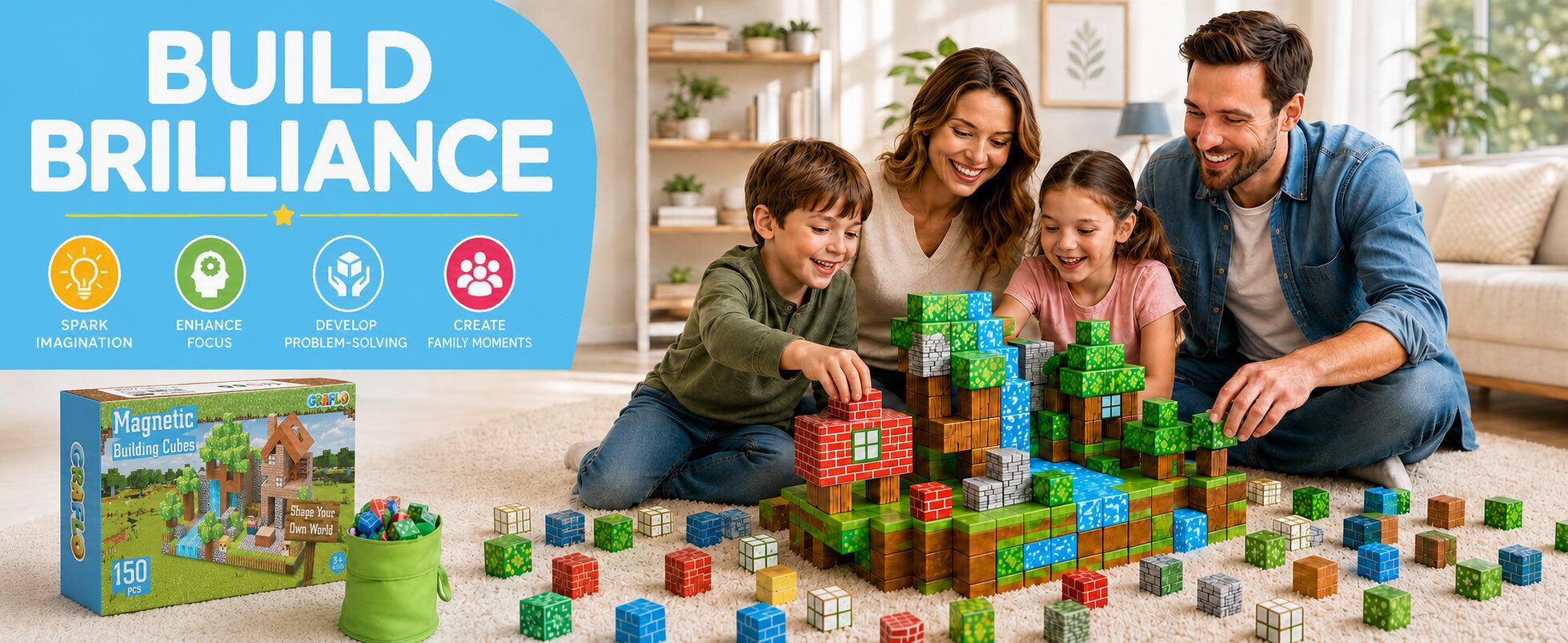 Build brilliance: a family of four building a magnetic cube world on a rug beside the 150 piece box and storage bag, with spark imagination, enhance focus, develop problem-solving and create family moments