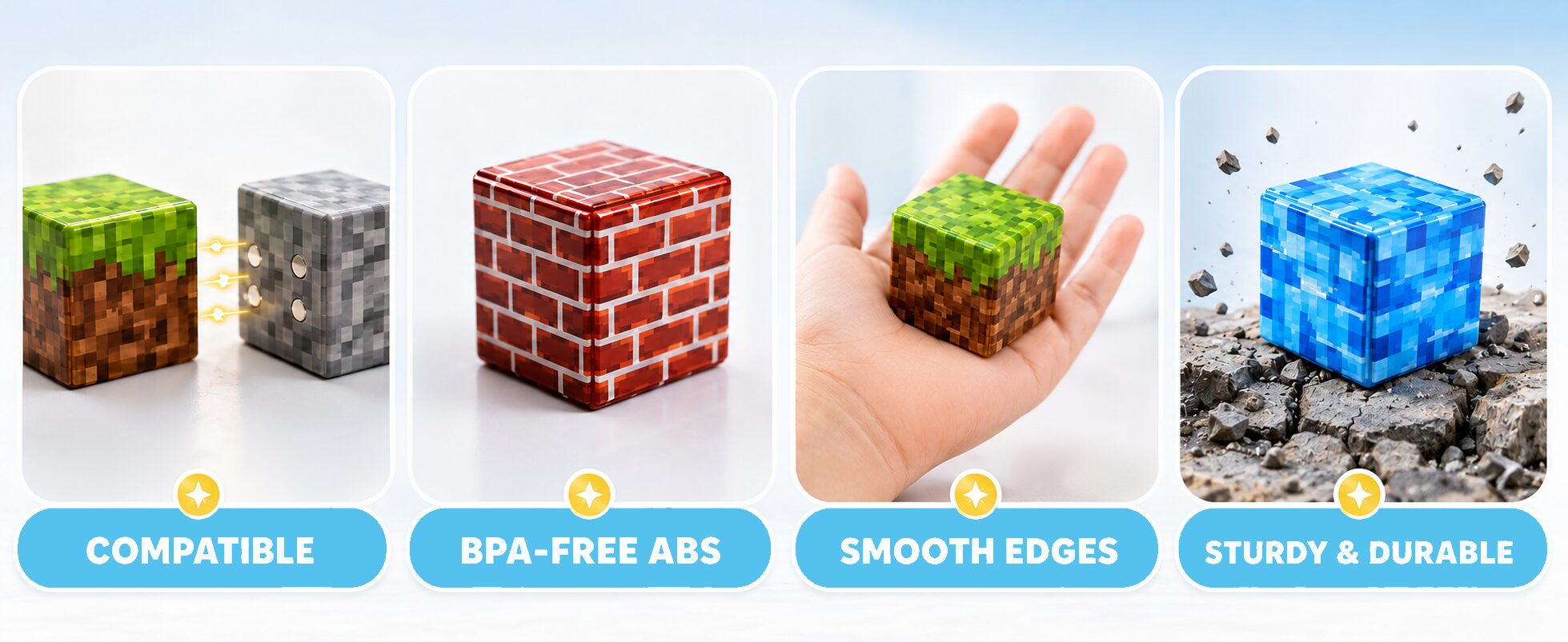 Four close-ups of the cubes: compatible magnetic faces, BPA-free ABS plastic, smooth edges, and sturdy durable construction