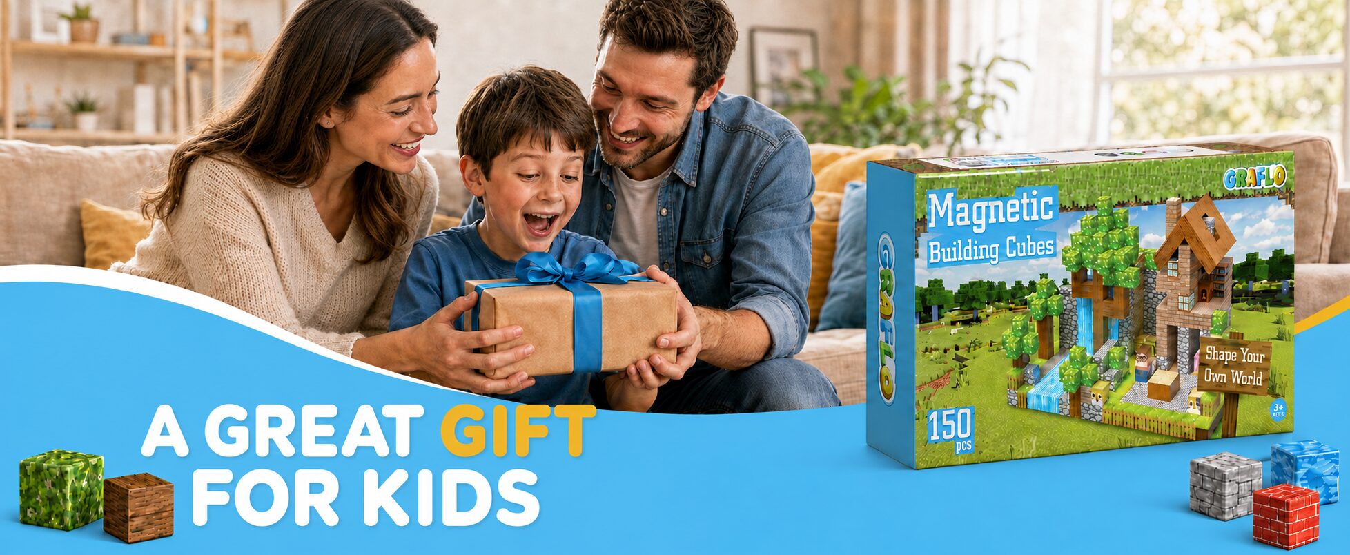 A great gift for kids: a boy opening a wrapped present with his parents beside the GRAFLO 150 piece Magnetic Building Cubes box