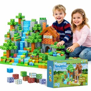 Two children beside a large voxel-style magnetic cube landscape with a brick house, trees and a waterfall, next to the GRAFLO 150 piece Magnetic Building Cubes box