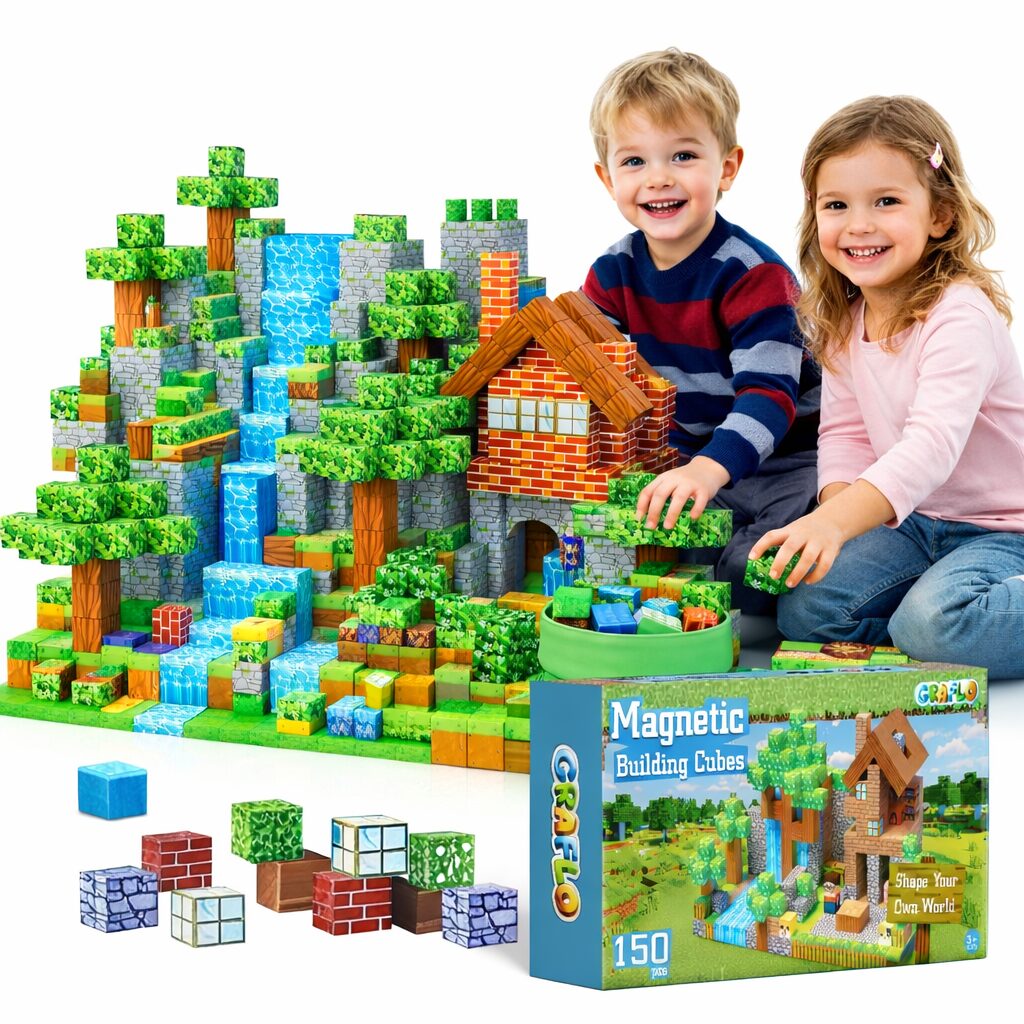 Two children beside a large voxel-style magnetic cube landscape with a brick house, trees and a waterfall, next to the GRAFLO 150 piece Magnetic Building Cubes box