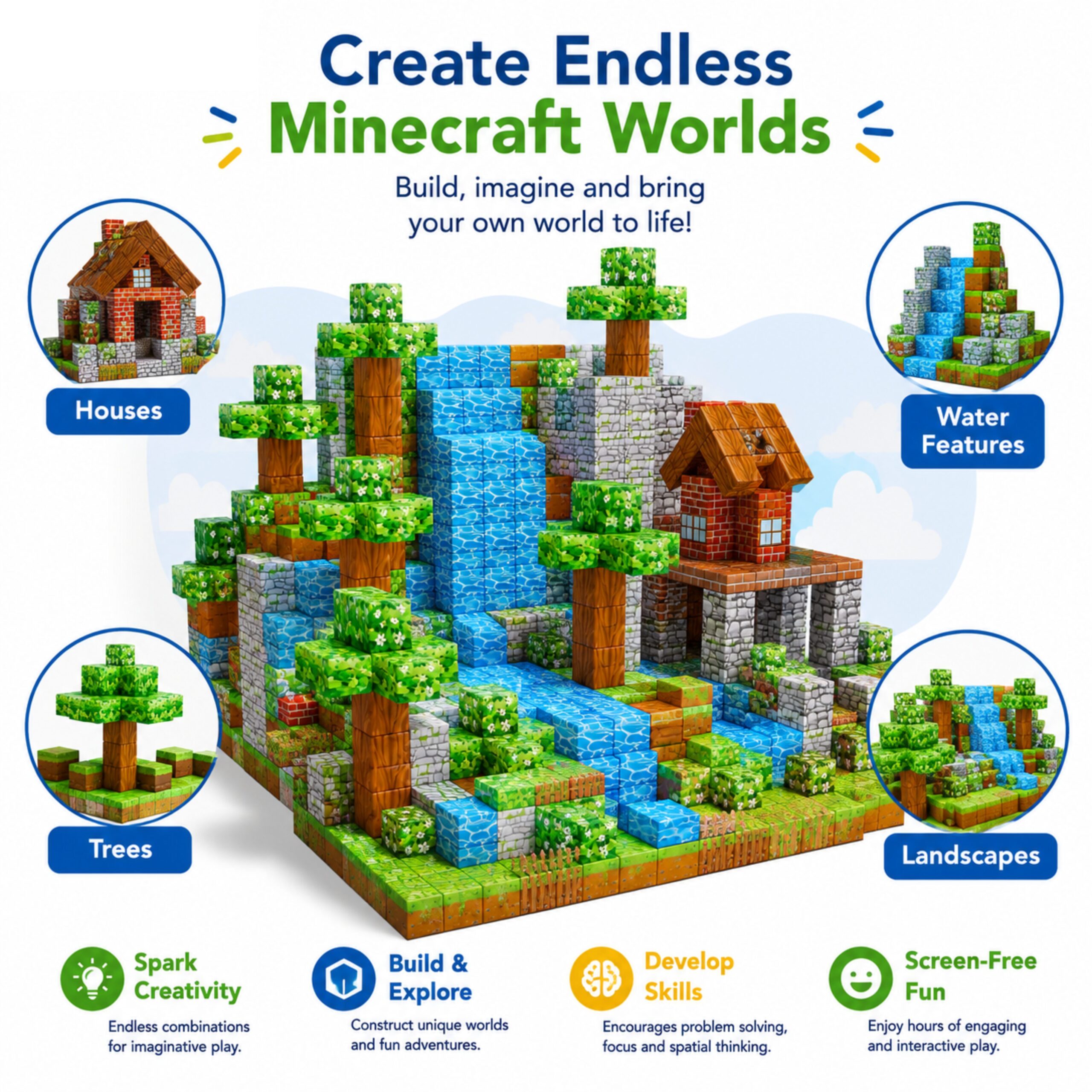 Build houses, trees, water features and landscapes from the magnetic cubes, with spark creativity, build and explore, develop skills and screen-free fun