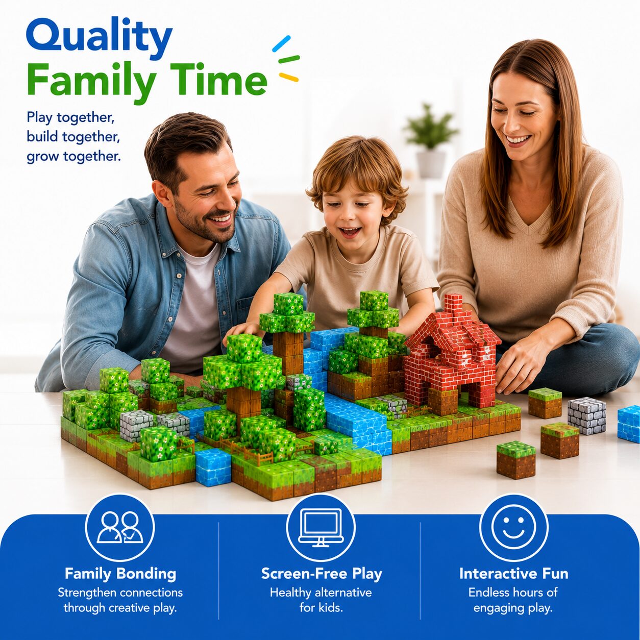 A family of three building a magnetic cube landscape together on the floor, with family bonding, screen-free play and interactive fun