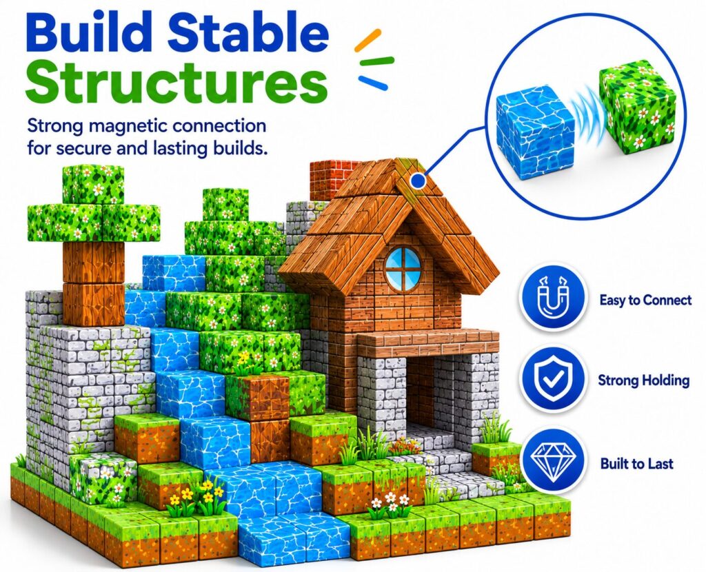 Build stable structures: a magnetic cube house and waterfall with a close-up of two cubes snapping together, easy to connect, strong holding and built to last
