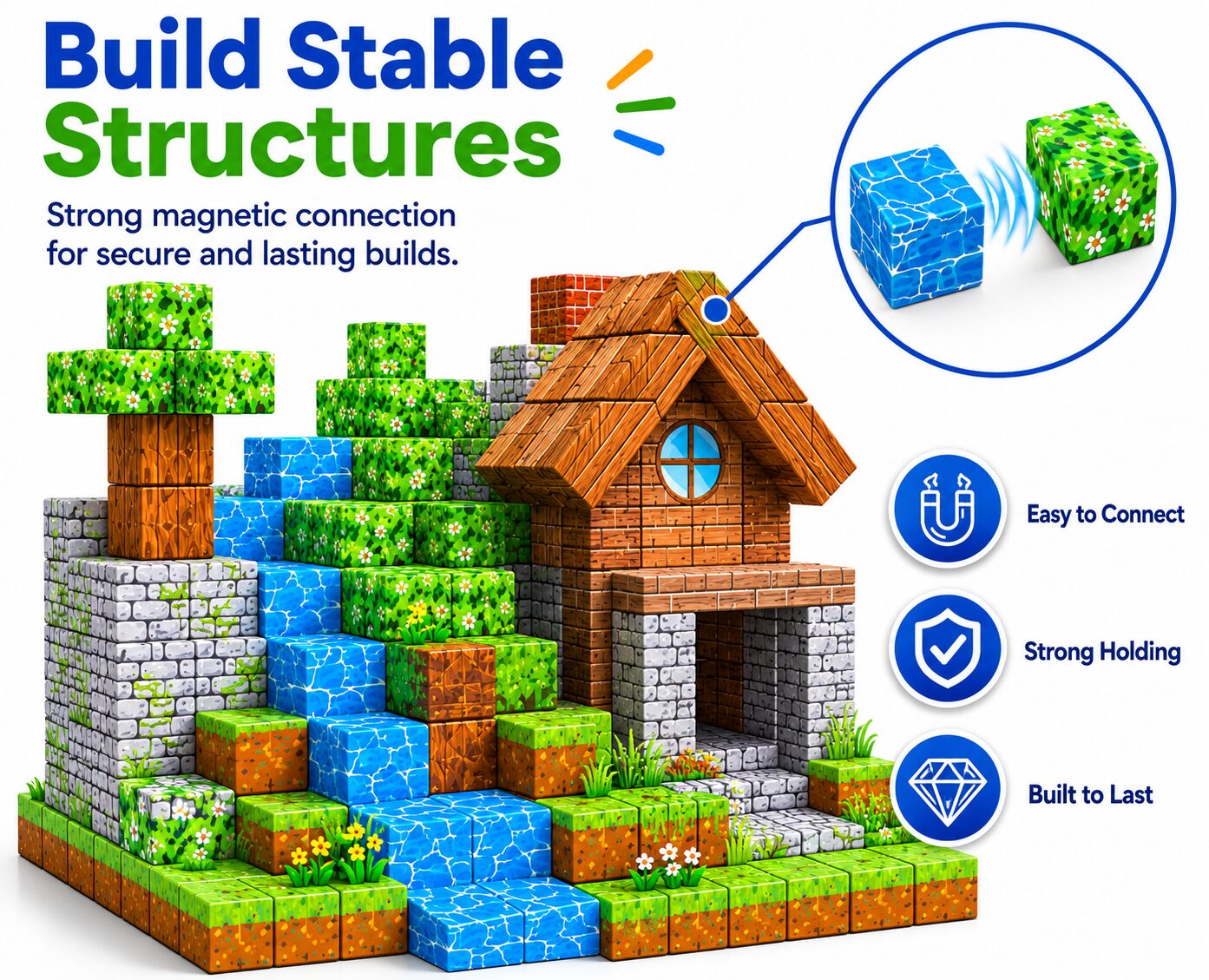 Build stable structures: a magnetic cube house and waterfall with a close-up of two cubes snapping together, easy to connect, strong holding and built to last