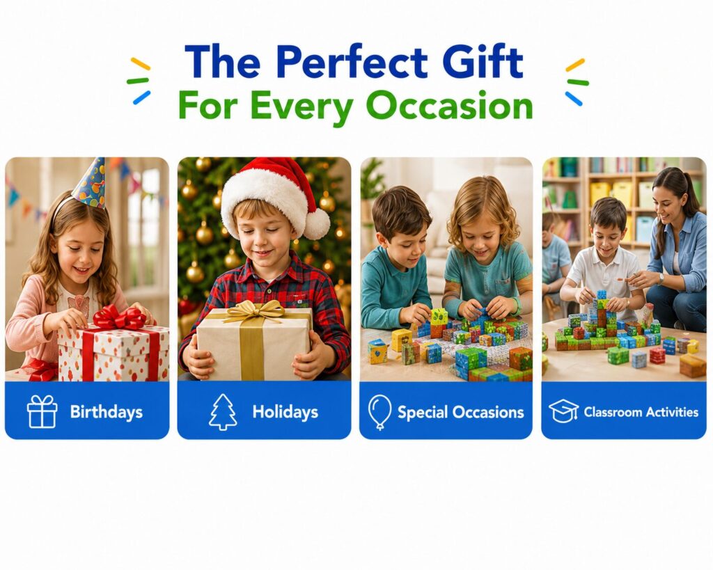 The perfect gift for every occasion: birthdays, holidays, special occasions and classroom activities, with children opening presents and building with magnetic cubes