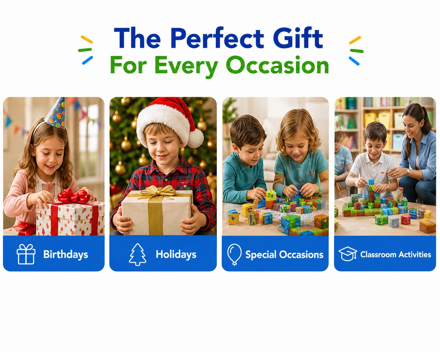 The perfect gift for every occasion: birthdays, holidays, special occasions and classroom activities, with children opening presents and building with magnetic cubes