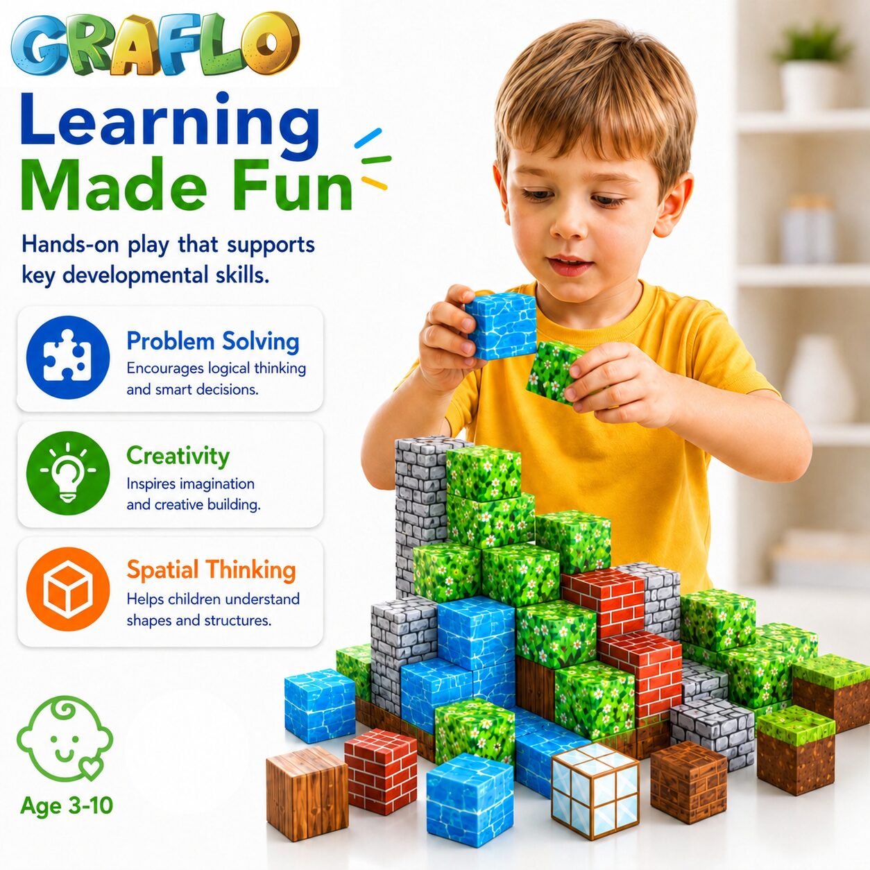 Learning made fun with GRAFLO magnetic building cubes: a boy building a tower, with icons for problem solving, creativity and spatial thinking, for ages 3-10