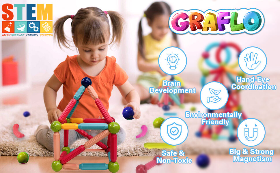 A toddler building with GRAFLO magnetic sticks and balls, with icons for brain development, hand-eye coordination, environmentally friendly, safe and non-toxic and strong magnetism