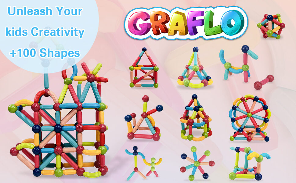 Unleash your child's creativity with over 100 shapes built from GRAFLO magnetic sticks and balls