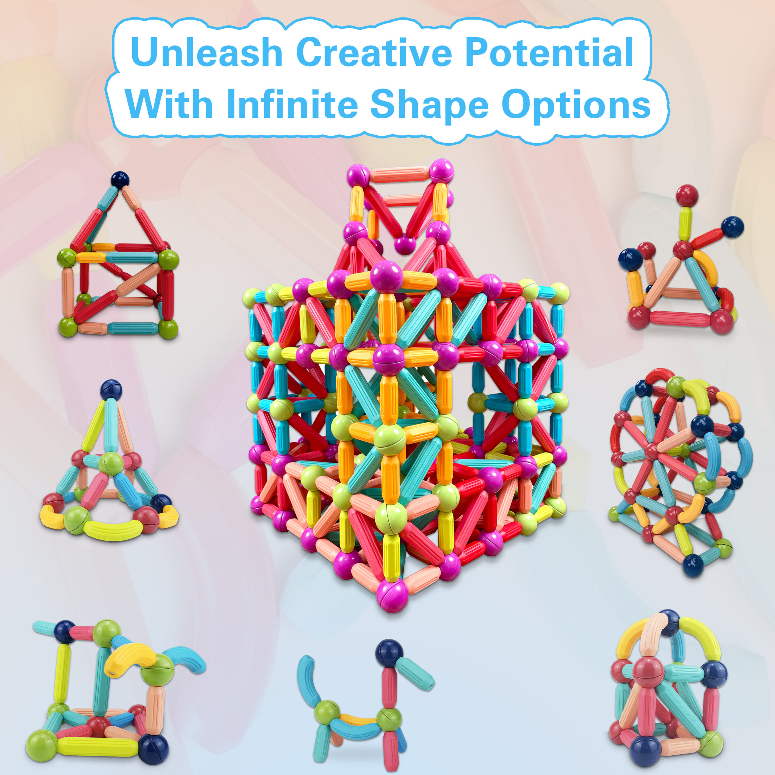 Unleash creative potential with infinite shape options: eight different builds made from GRAFLO magnetic sticks and balls