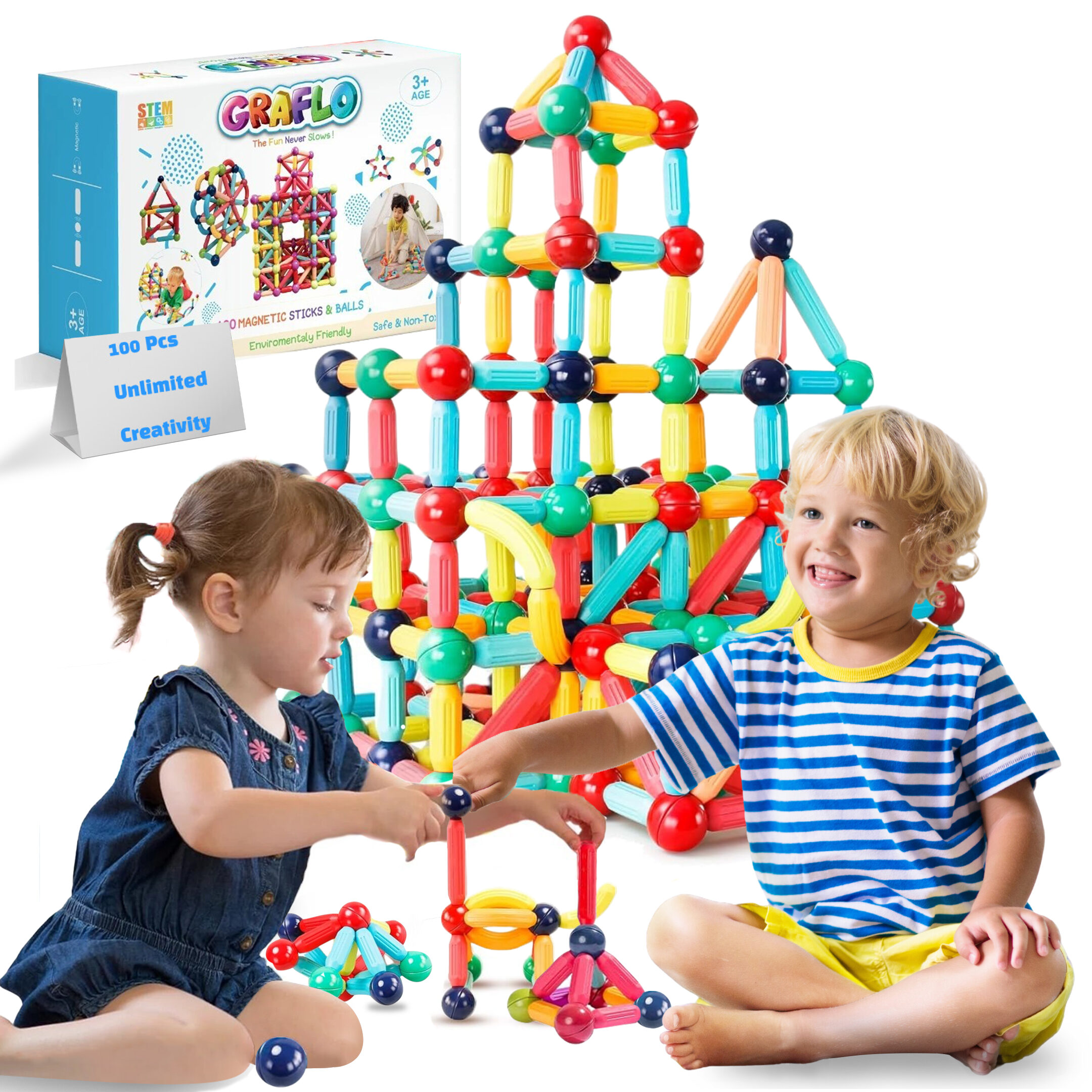 Two children building together with GRAFLO magnetic sticks and balls beside the 100-piece box