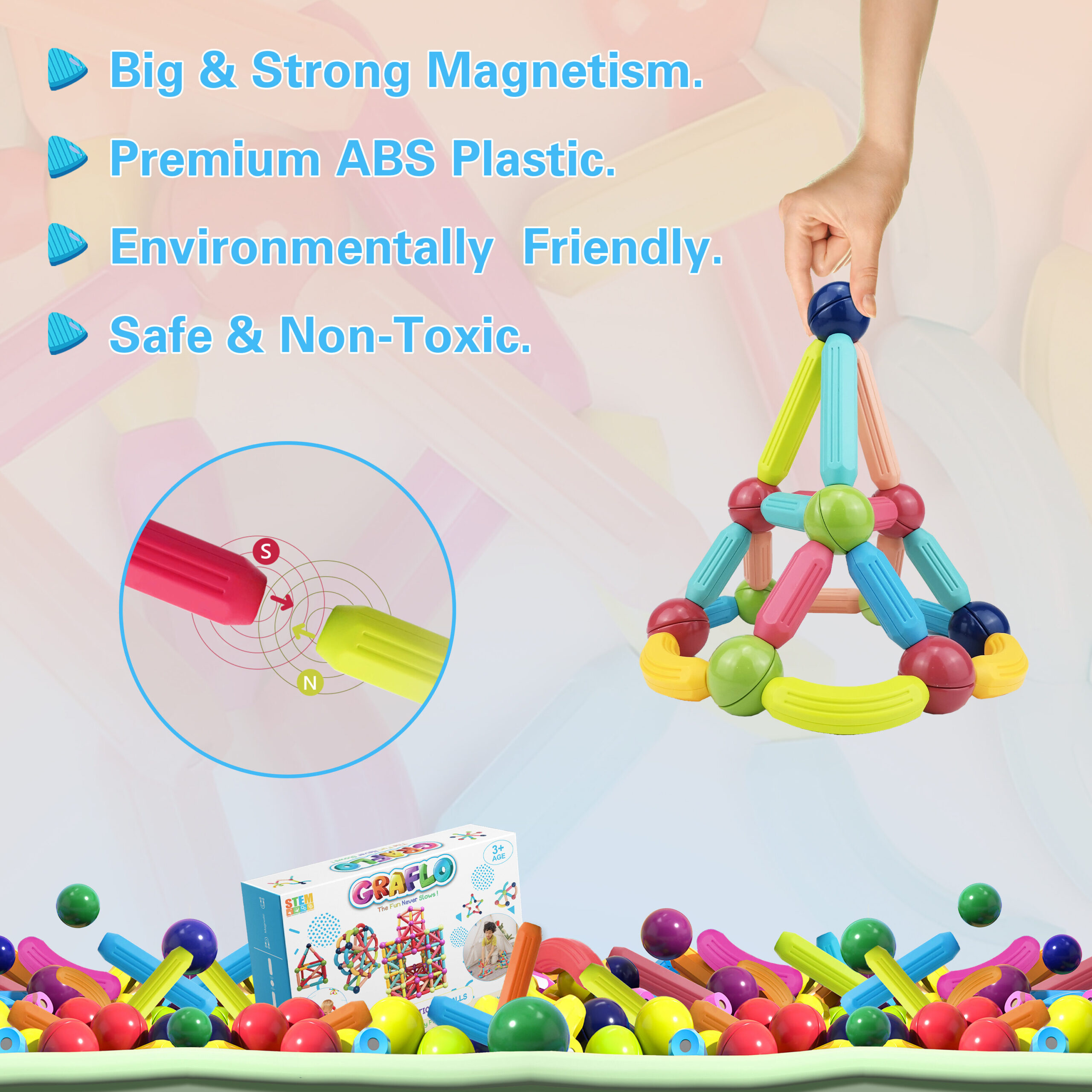 Big and strong magnetism, premium ABS plastic, environmentally friendly and safe non-toxic magnetic sticks and balls