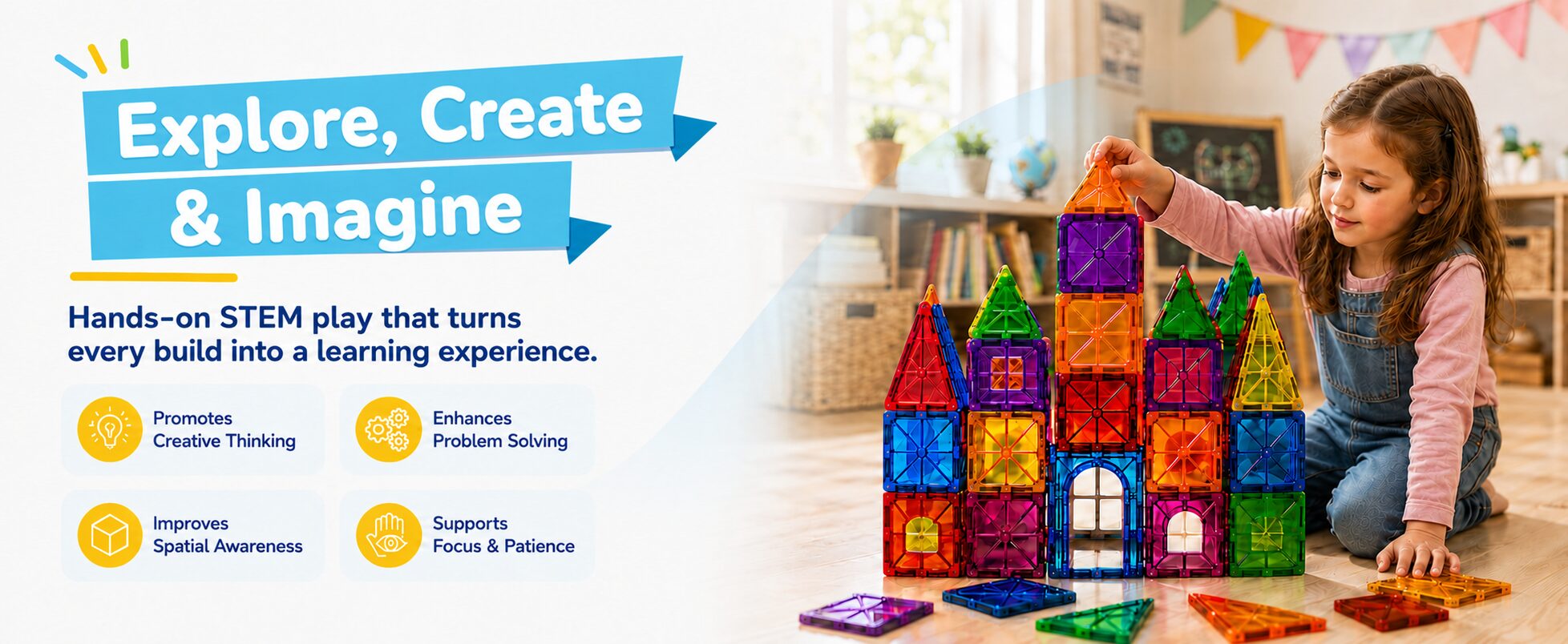 Explore, create and imagine: a girl placing a tile on a castle, with promotes creative thinking, enhances problem solving, improves spatial awareness and supports focus and patience