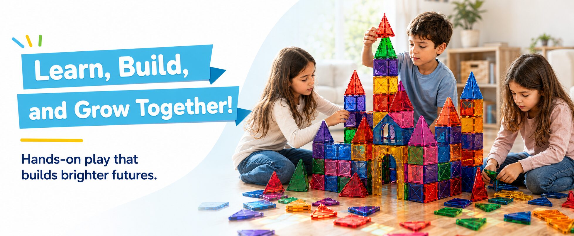 Learn, build and grow together: three children building a magnetic tile castle on a wooden floor
