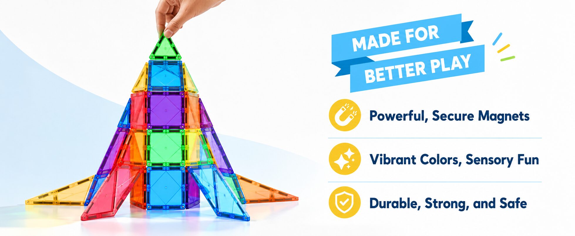 Made for better play: a rocket built from magnetic tiles, with powerful secure magnets, vibrant colours and durable, strong and safe construction