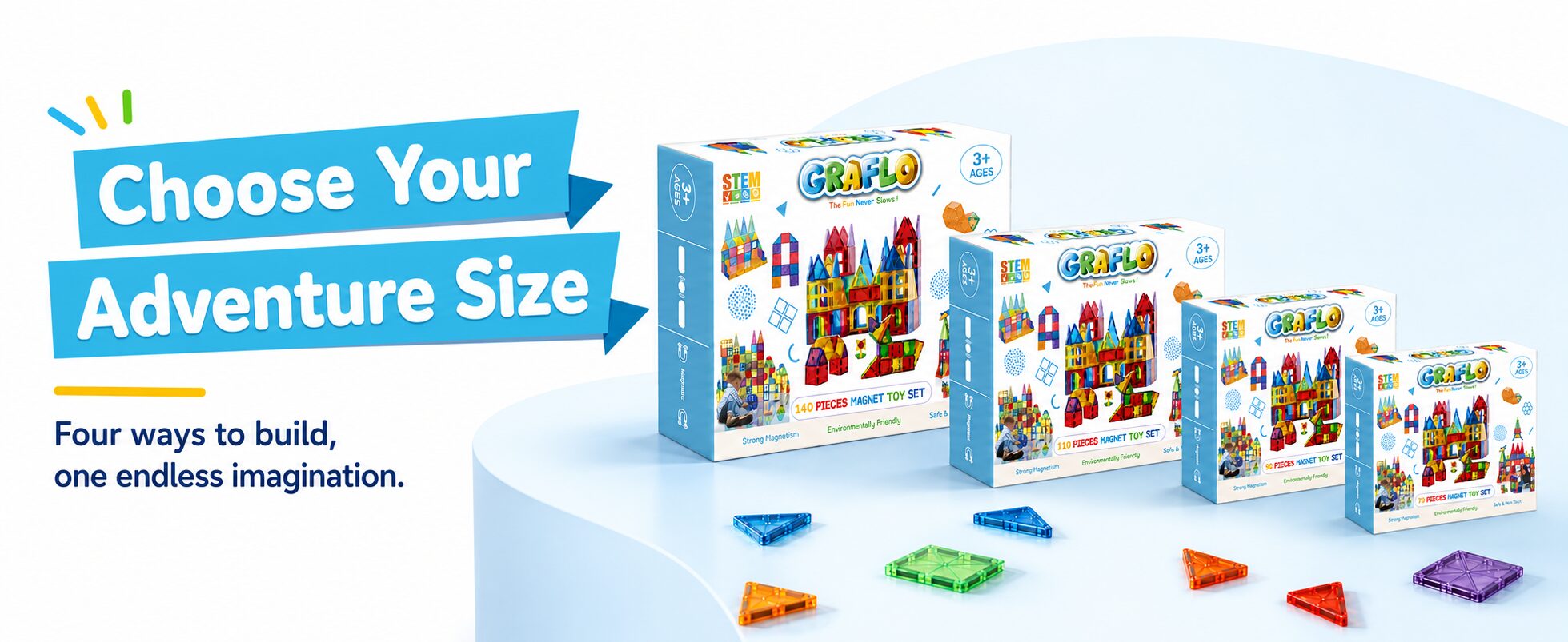 Choose your adventure size: the GRAFLO magnetic tile range shown as 140, 110, 90 and 70 piece boxes