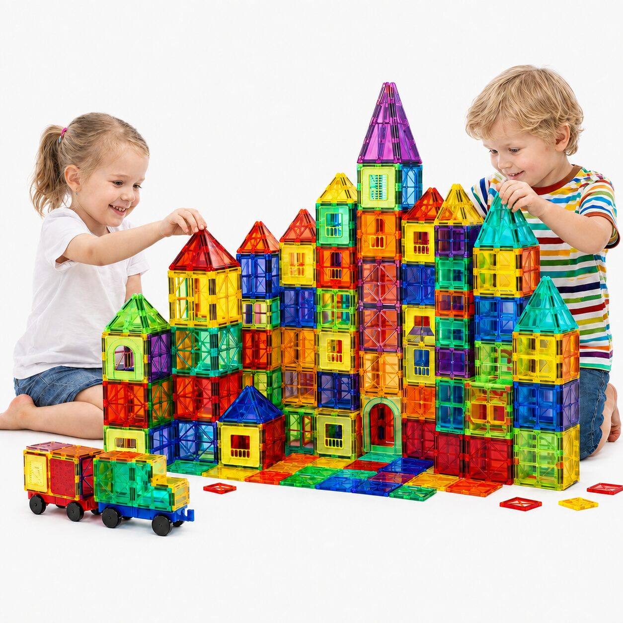 Two children building a large multi-coloured magnetic tile castle with towers and spires, with two magnetic tile cars in front