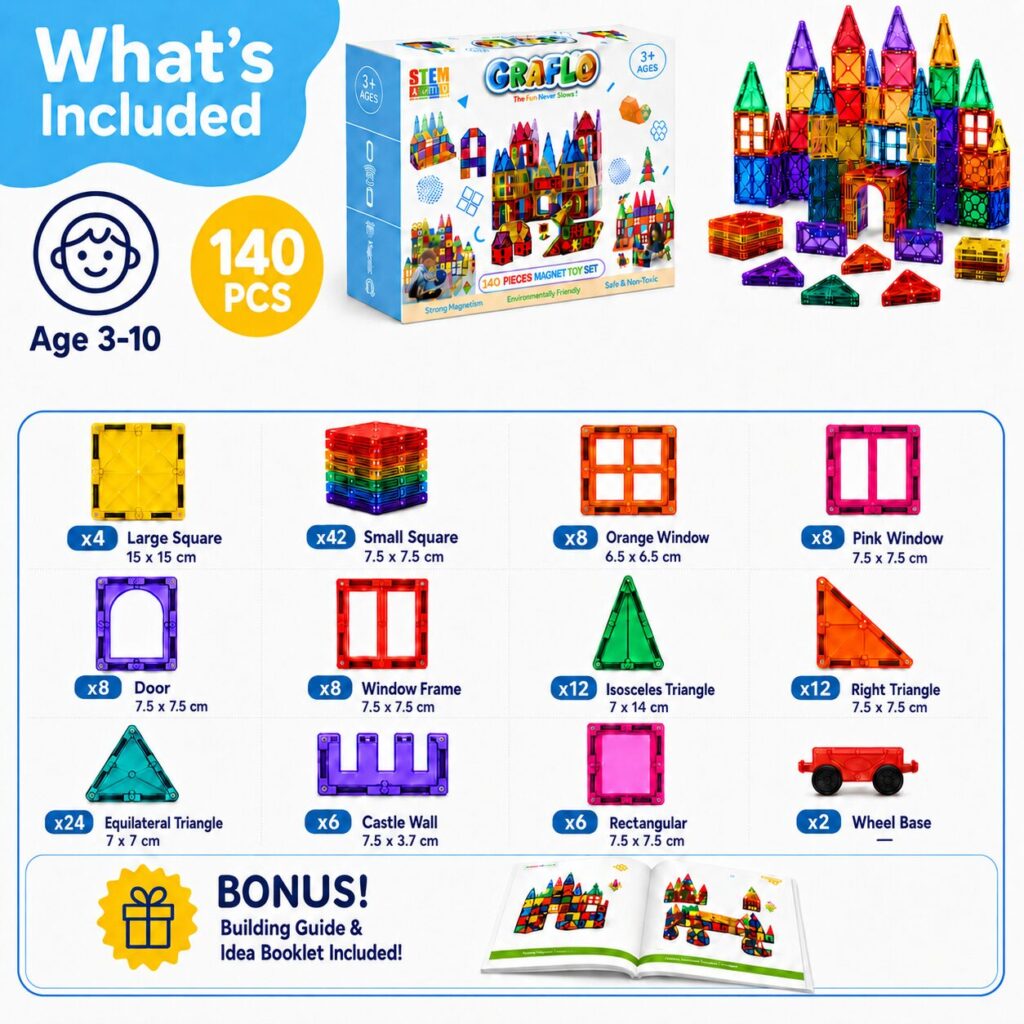 What is included in the 140 piece magnetic tile set for ages 3 to 10: 4 large squares, 42 small squares, 8 orange windows, 8 pink windows, 8 doors, 8 window frames, 12 isosceles triangles, 12 right triangles, 24 equilateral triangles, 6 castle walls, 6 rectangles and 2 wheel bases, plus a bonus building guide