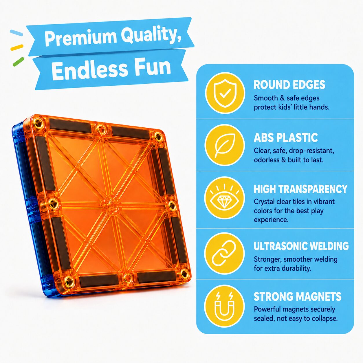 Close-up of a single orange magnetic tile showing rounded edges, ABS plastic, high transparency, ultrasonic welding and strong sealed magnets