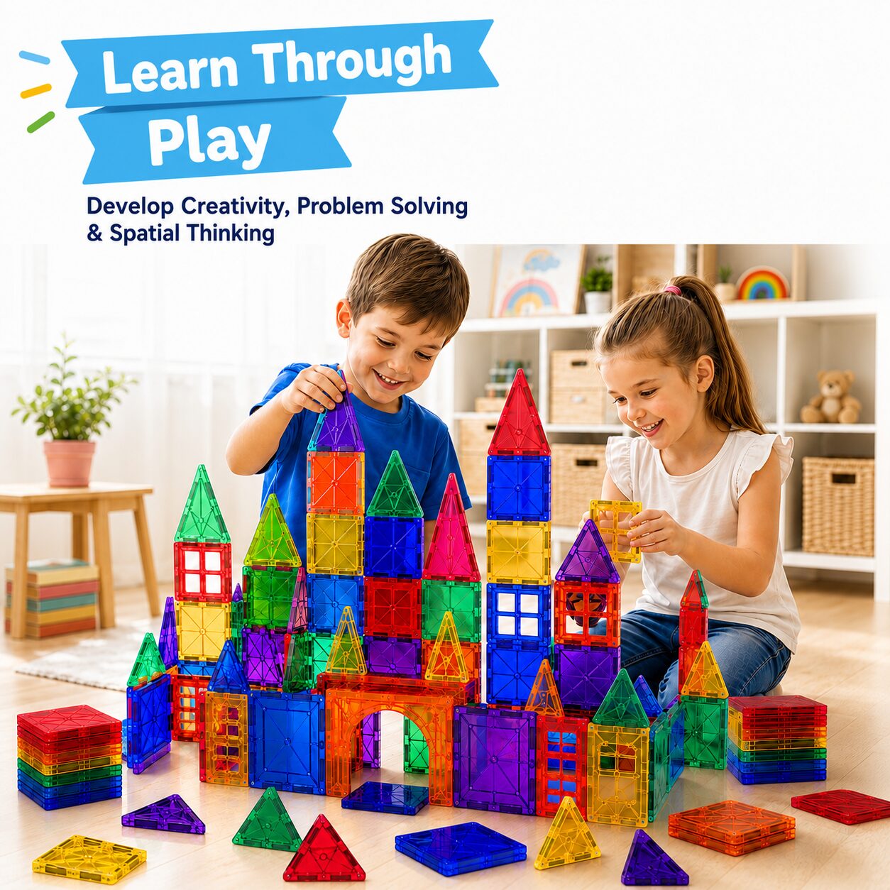 Two children building a tall magnetic tile castle on a wooden floor, captioned learn through play to develop creativity, problem solving and spatial thinking