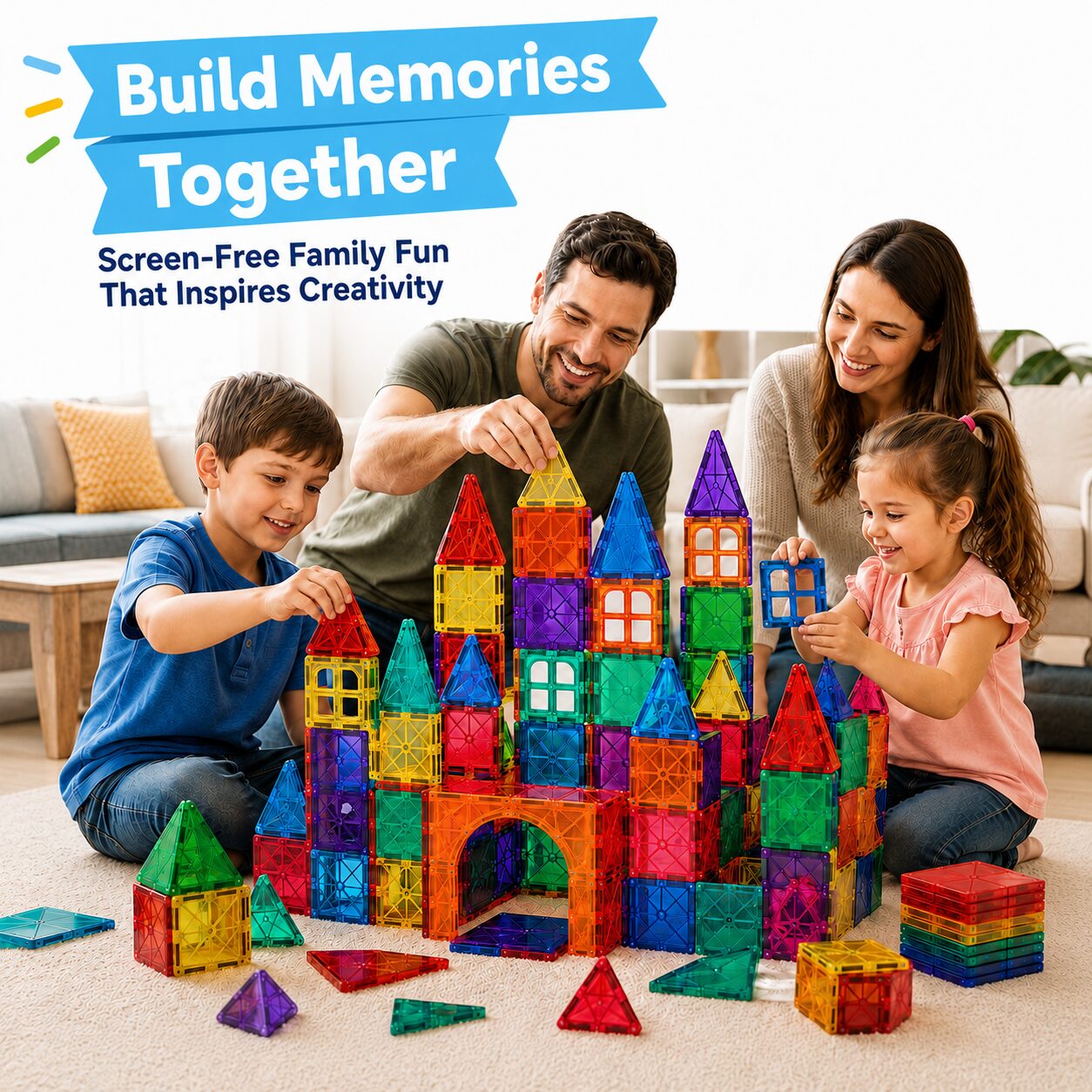 A family of four building a magnetic tile castle together on a living room rug, captioned screen-free family fun that inspires creativity
