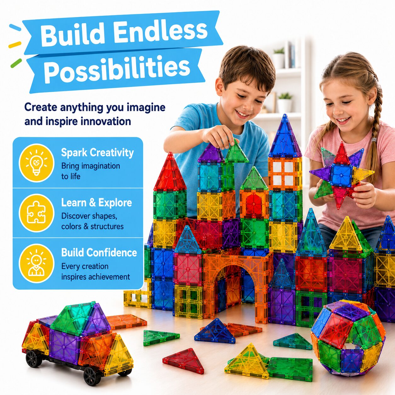 Two children building a castle, a magnetic tile ball and a tile car, with spark creativity, learn and explore and build confidence highlighted