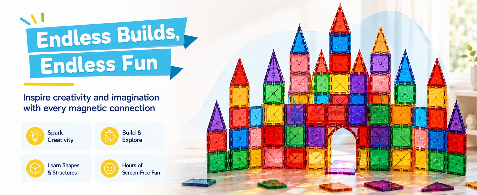 Endless builds, endless fun: a wide magnetic tile castle, with spark creativity, build and explore, learn shapes and structures, and hours of screen-free fun