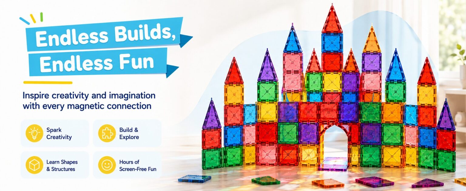 Endless builds, endless fun: a tall magnetic tile castle with icons for creativity, exploration, learning shapes and screen-free play