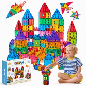 GRAFLO 90-piece magnetic tiles built into a large castle, with a child and the retail box