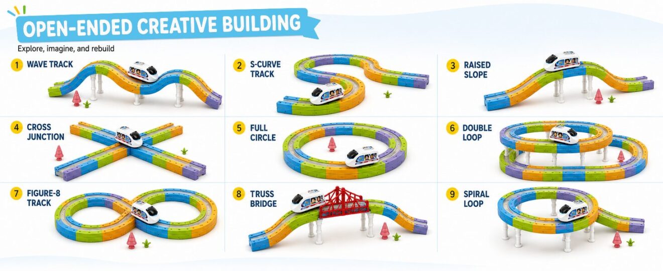 Nine track designs including wave, S-curve, figure-eight, truss bridge and spiral loop
