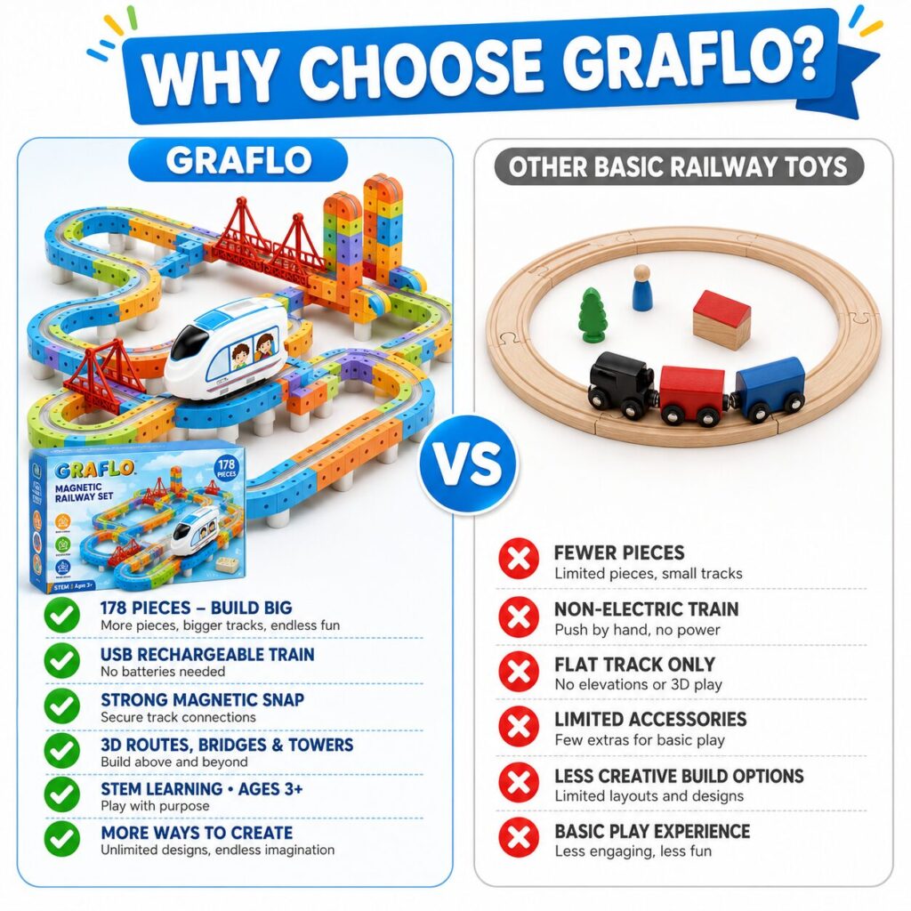 Comparison chart: the GRAFLO 178-piece set against a basic wooden railway toy