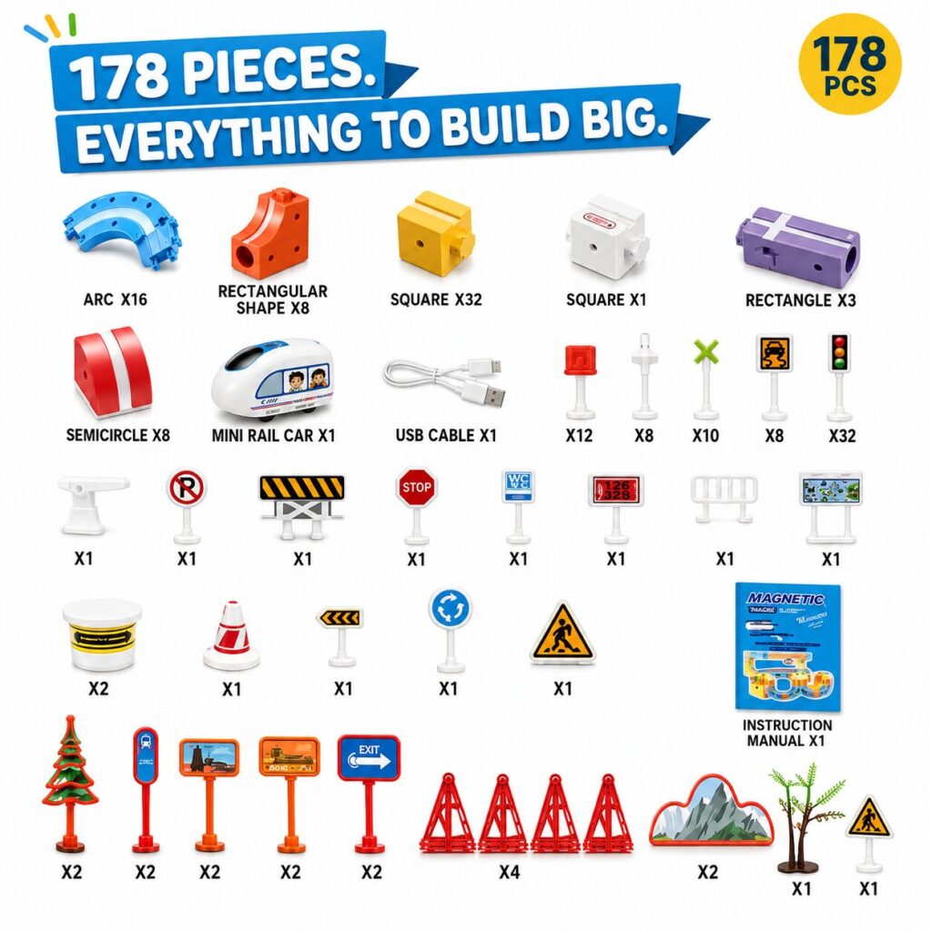 Every piece in the set labelled, from 16 track arcs and 32 squares to the rail car, signs and manual