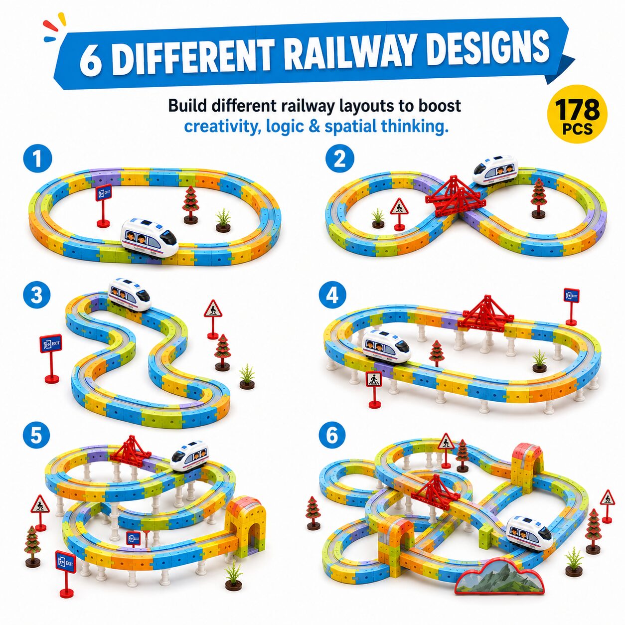 Six different track layouts you can build with the 178-piece set