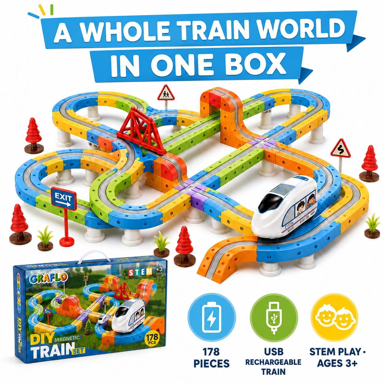 The full 178-piece layout assembled, with the product box and USB rechargeable train
