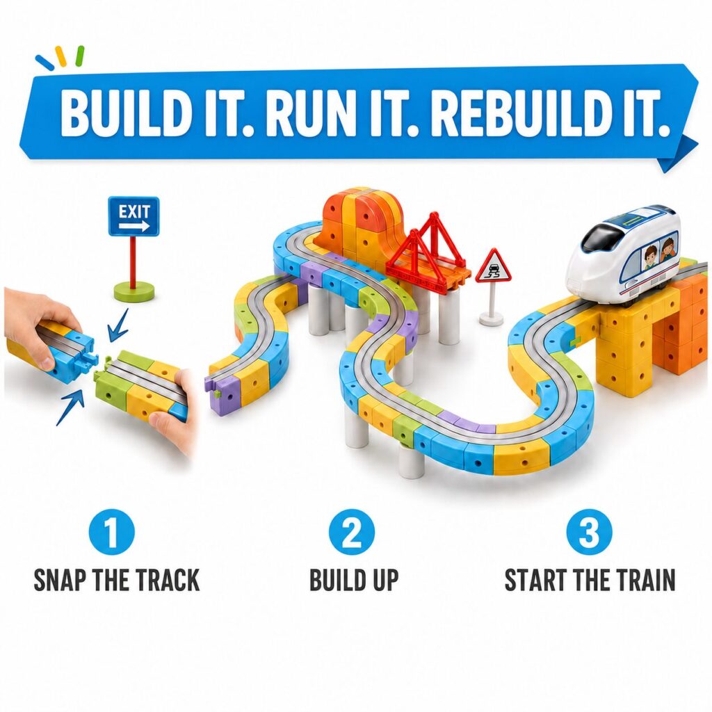 Three steps shown: snap the track together, build it up, then start the train