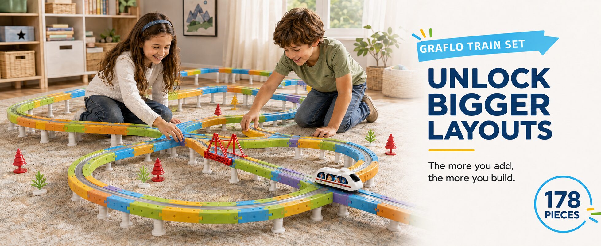 Track layout growing larger as more pieces are added Magnetic Train For Kids 65Pcs
