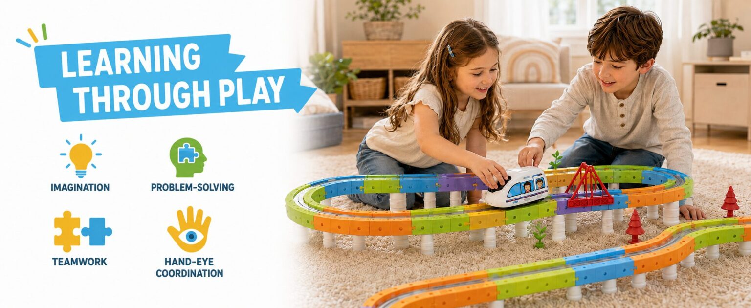 Two children playing together, building imagination, problem-solving and hand-eye coordination