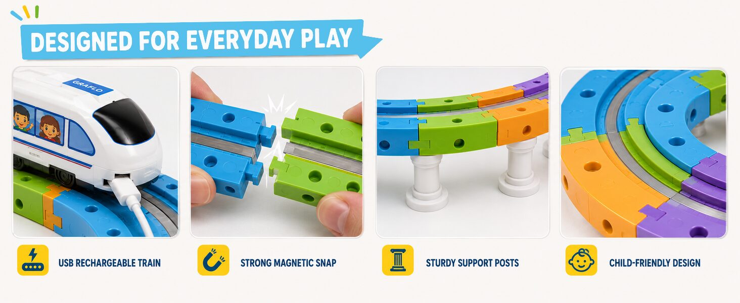 Close-ups of the USB rechargeable train, the magnetic snap connection and the support posts