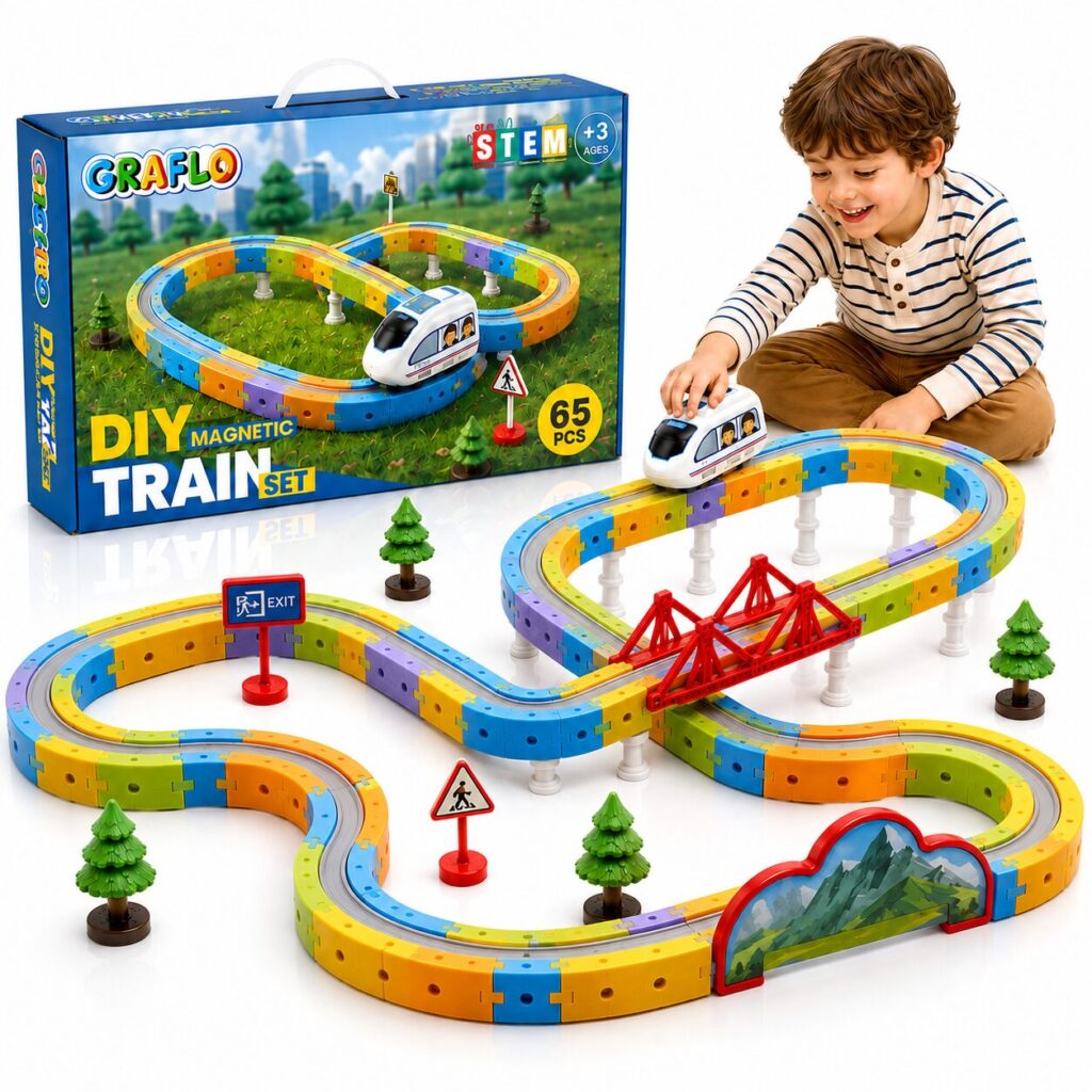 GRAFLO 65-piece magnetic train set box beside the assembled track, with a boy playing Magnetic Train For Kids 65Pcs