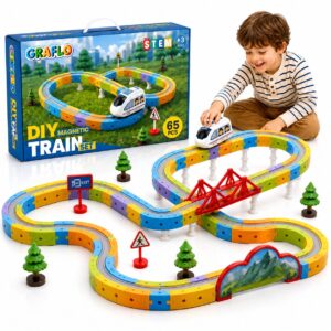 GRAFLO 65-piece magnetic train set box beside the assembled track, with a boy playing Magnetic Train For Kids 65Pcs