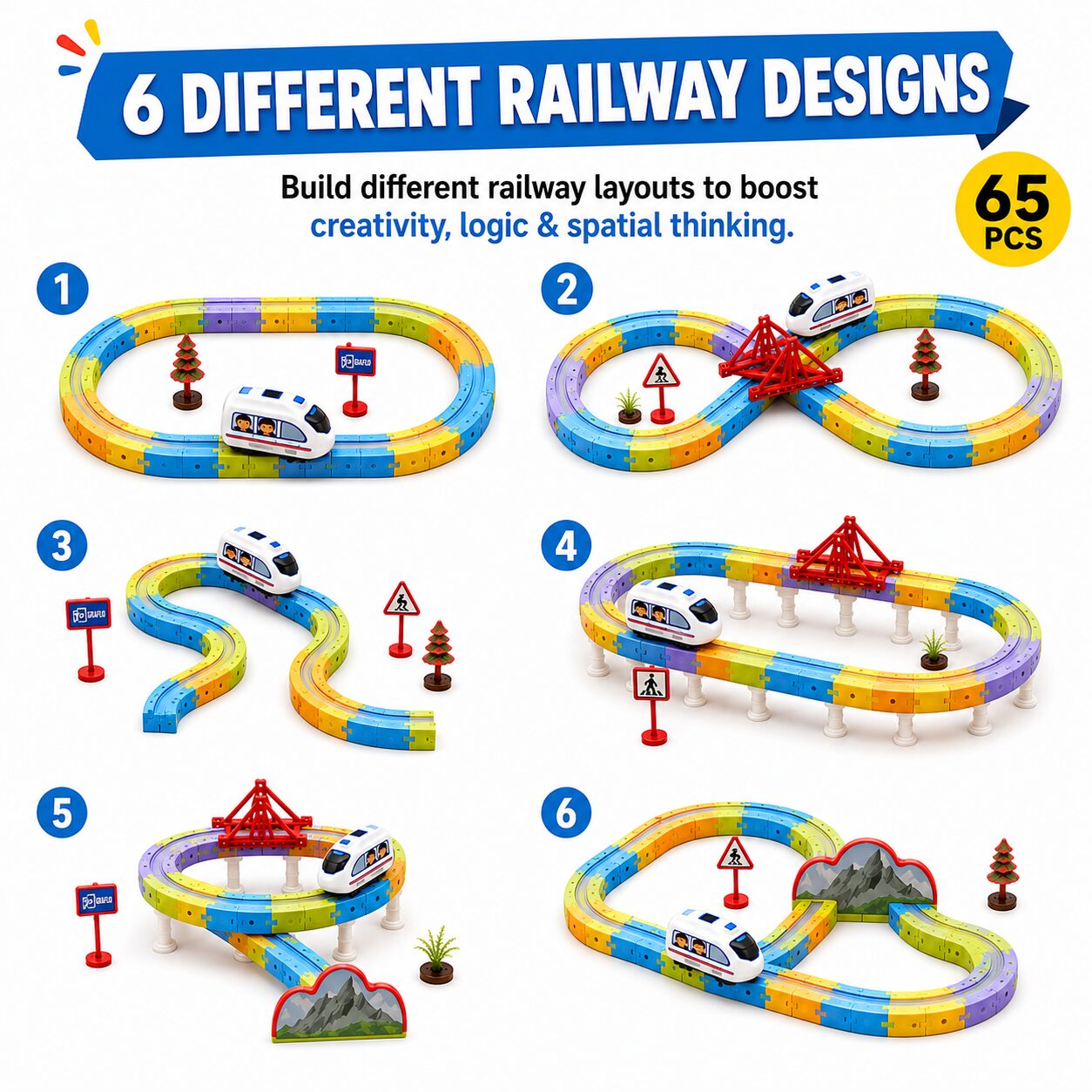 Six different track layouts you can build with the 65-piece set