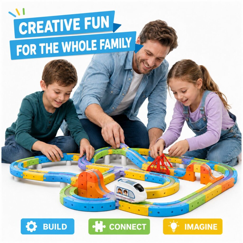 A parent and two children building a magnetic train layout together on the floor