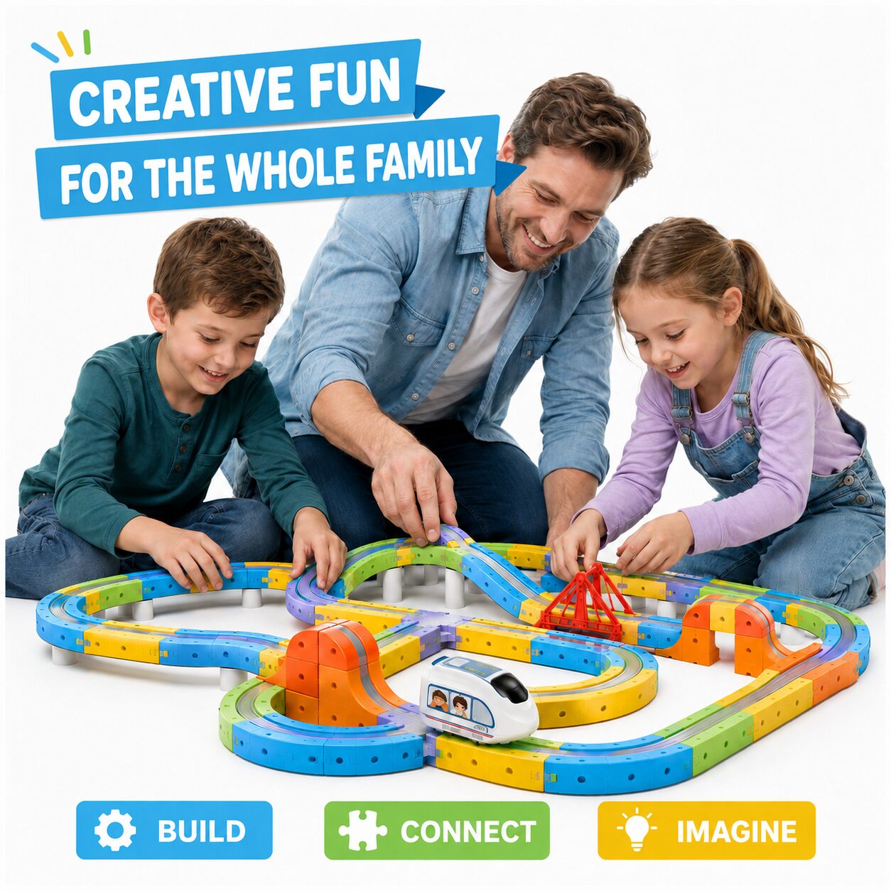 A parent and two children building a magnetic train layout together on the floor
