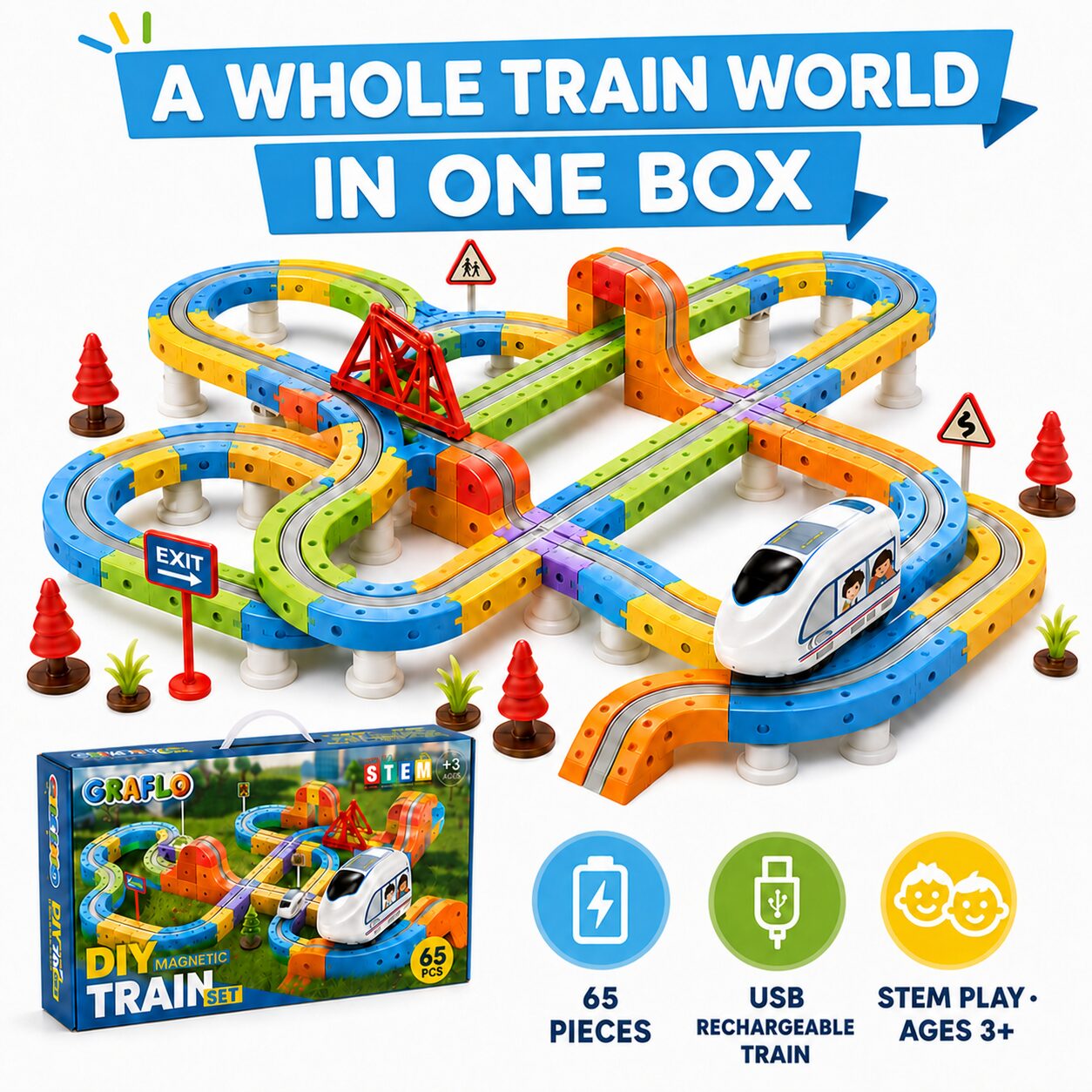 The full 65-piece layout assembled, with the product box and USB rechargeable train