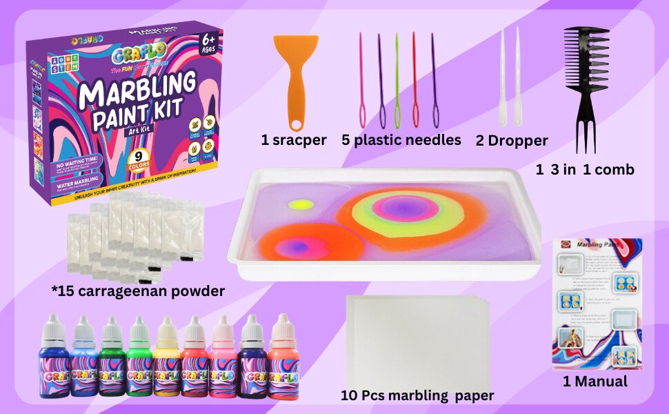 The GRAFLO marbling kit contents laid out: scraper, 5 plastic needles, 2 droppers, three-in-one comb, 15 carrageenan powder sachets, water tray, 10 marbling papers and manual